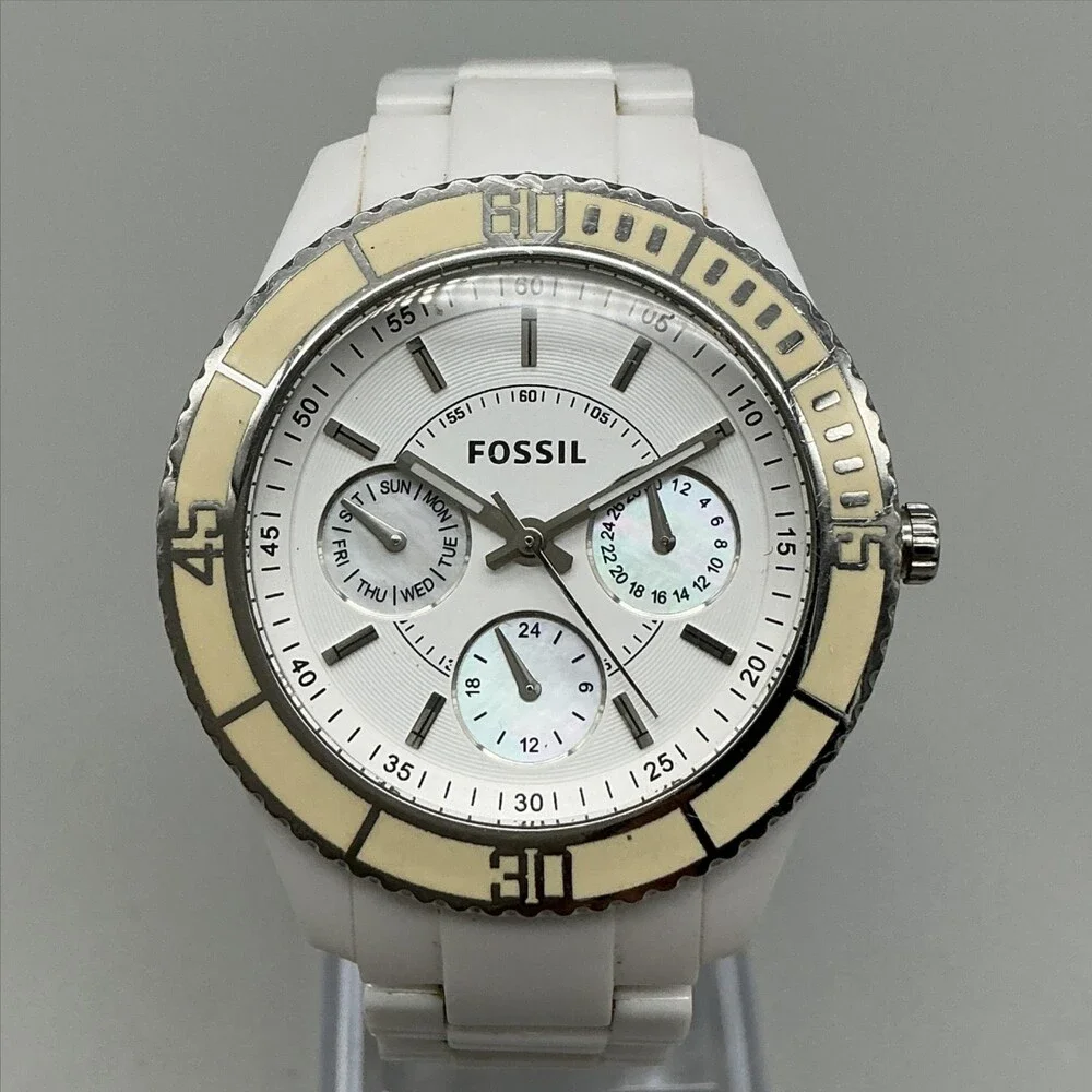 Fossil ES-2540 Womens Watch 38mm White Ceramic 50M Day Date New Battery 6.5